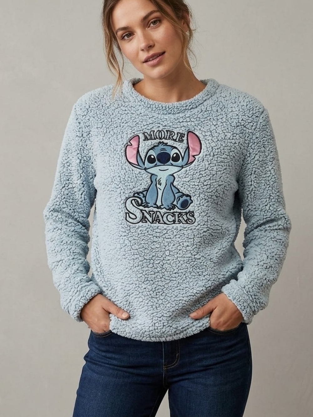 Disney Light Blue Sherpa Stitch 'More Snacks' Crewneck Sweater  AJ 26